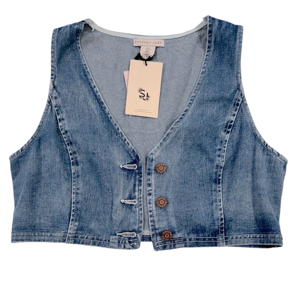 SINCERELY JULES Denim Jean Vest Crop Light Wash Rose Gold Buttons NWT Size Large - Picture 3 of 6